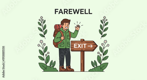 A Waving Hiker Bids Farewell Next To An Exit Sign With Decorative Foliage