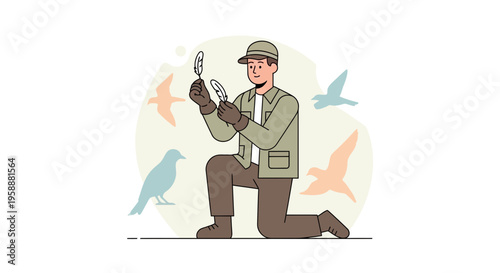 A Wildlife Enthusiast Studies Avian Feathers Amidst Floating Bird Silhouettes