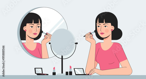 A Woman Applying Makeup To Her Face In A Mirror