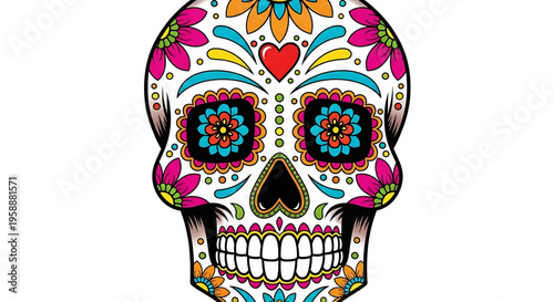 A vibrant and colorful illustration of a sugar skull design, commonly used to celebrate the Day of the Dead, in a flat and minimalist style.