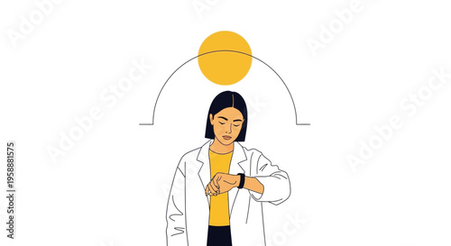 A Woman Checks Her Smartwatch Beneath A Stylized Sun Arc Minimalist Graphic Art