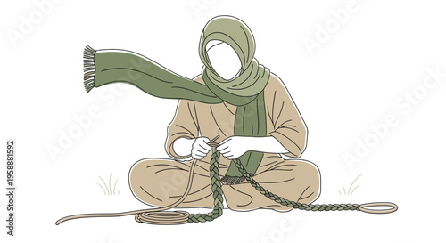 A Woman in Hijab Knitting a Long Scarf with Yarn and Needles Outdoors