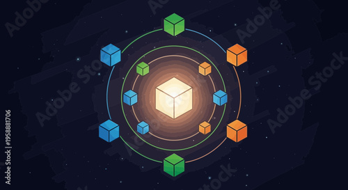 Abstract Digital Cubes Orbiting A Luminous Core In Cosmic Display