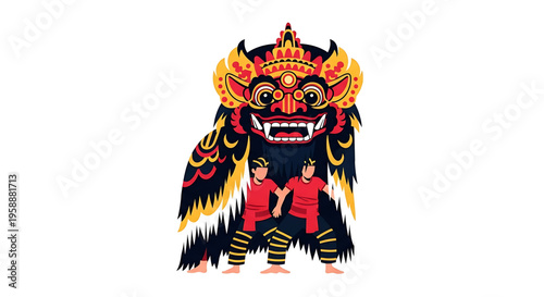 A vibrant illustration of a traditional Balinese dance performance featuring a large colorful mask and two dancers in red costumes.