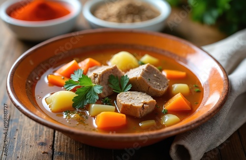 Close-up of hearty meat and vegetable soup served in rustic bowl on wooden table. Chunks of tender meat, potatoes, carrots, and fresh parsley create appetizing meal. Rich broth seasoned with spices.