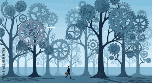 Abstract Mechanical Forest With Business Man Walking