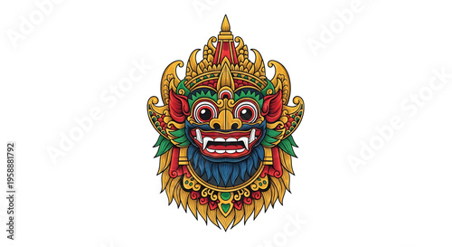 A colorful illustration of a Balinese mask on a white background