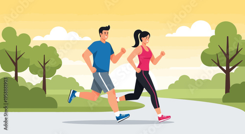 Active Couple Jogging Together In A Scenic Park Setting