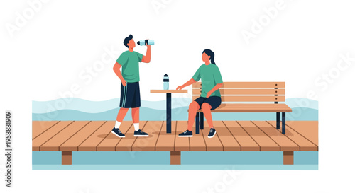 Active Couple Resting On A Waterfront Dock Enjoying Refreshments