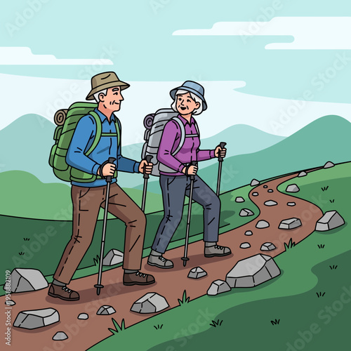 Active Seniors Hiking Trail Scenic Mountain Landscape Adventure