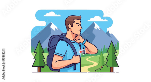 Active Hiker Checks Smartwatch In Mountainous Nature Landscape