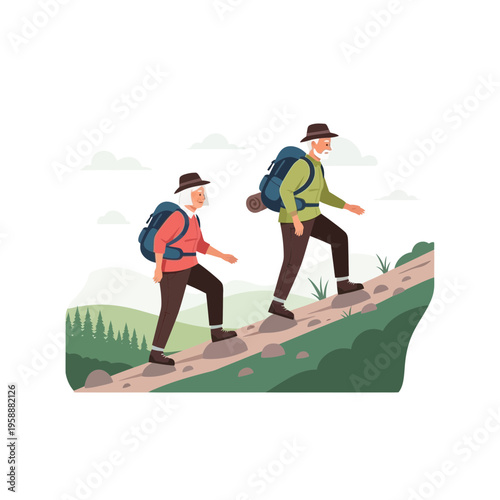 Active Seniors Hiking Up Scenic Mountain Trail Adventures