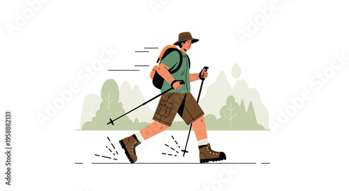Active Hiker With Backpack And Trekking Poles In A Forest Landscape