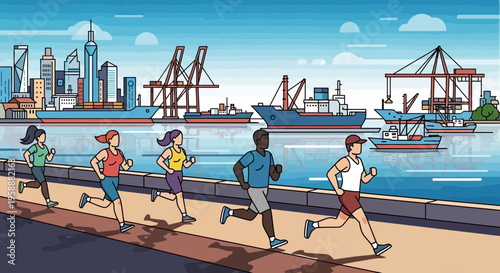Active Individuals Jogging Beside Busy Harbor Cityscape Scene