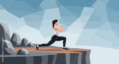 Active Woman Exercising Atop Rugged Cliff Edge Against Mountain Backdrop