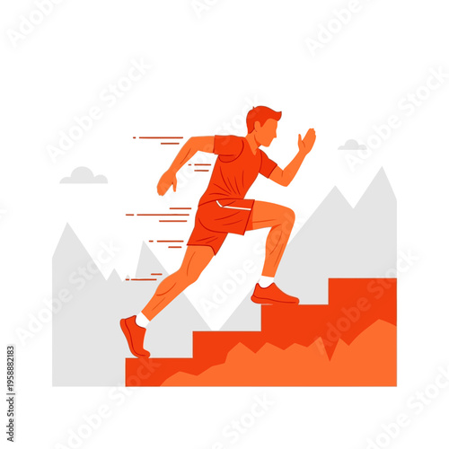 Active Man Ascending Stairs Towards Mountain Peaks Achieving Fitness Goals