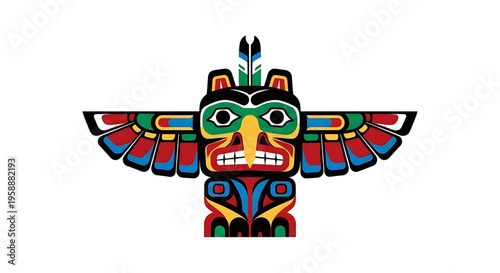 A colorful totem pole icon featuring a mythical bird with outstretched wings and vibrant feathers.