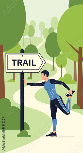 Active Man Stretches Beside Trail Sign In Scenic Park