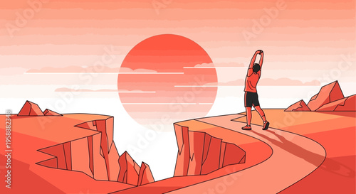 Active Man Stretching on Cliff Edge During Vibrant Sunset