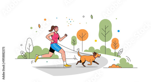 Active Woman Jogging With Dog Outdoors In A Park Setting