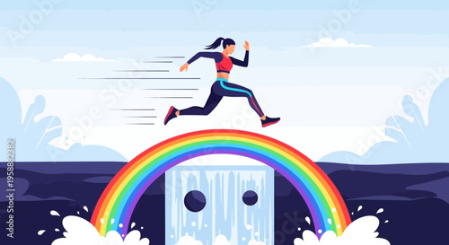 Active Woman Leaping Over Rainbow Waterfall Symbolizing Progress and Success