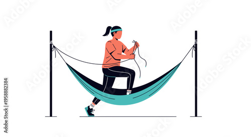 Active Woman Jumps Rope While Balanced In A Turquoise Hammock