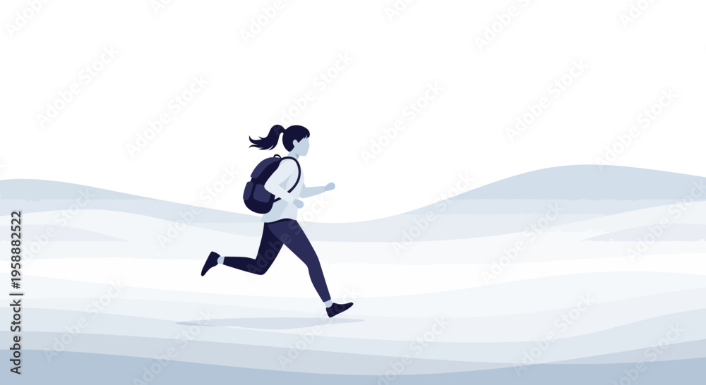 Obraz premium Active Woman Running With Backpack Through Abstract Landscape