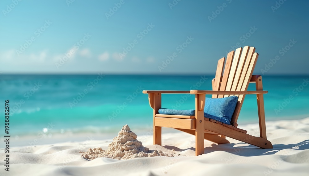 Fototapeta premium Wooden Adirondack chair sits on white sand beach. Bright turquoise ocean water meets clear blue sky. Small sand castle nearby. Perfect spot for peaceful seaside relaxation and quiet holiday.