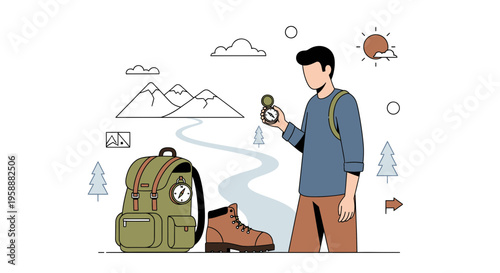 Adventure Awaits A Stylized Illustration Of A Hiker With Backpack And Compass