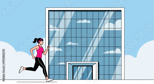 Active Woman Running Towards Modern Office Building With Sky Reflection