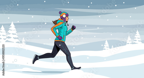 Active Woman Running Through Snowy Winter Landscape