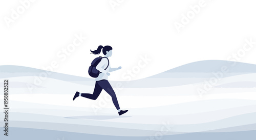 Active Woman Running With Backpack Through Abstract Landscape