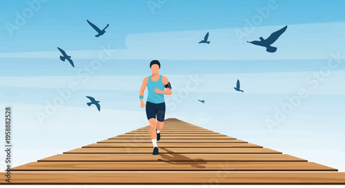 Active Person Running Forward On Wooden Pier With Birds Flying High Above
