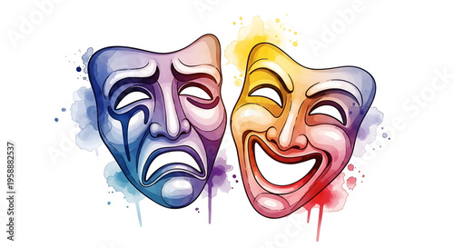 A colorful illustration of comedy and tragedy masks in a watercolor style, symbolizing the dual nature of emotions in theater and performance.