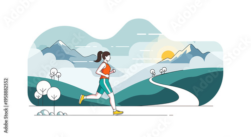 Active Woman Running Scenic Mountain Landscape Sunrise Trail