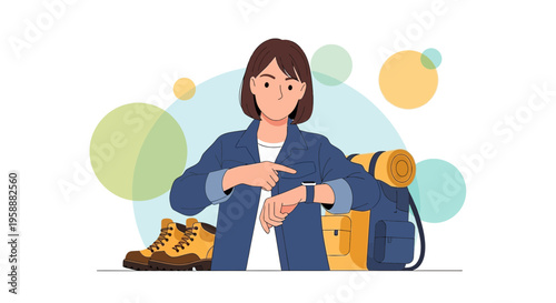 Adventure Awaits A Woman Checks Her Smartwatch Before An Exciting Journey