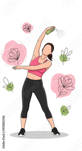 Active Woman Sprays Refreshing Mist During Workout Session