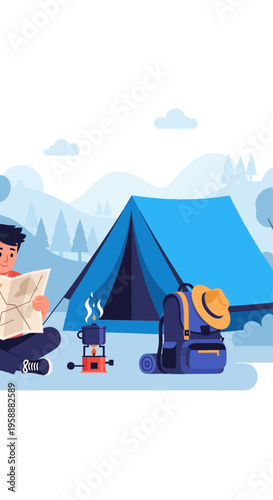 Adventure Awaits Explore Nature With Camping Gear And Map
