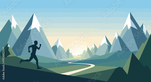 Active Person Running Through Serene Mountain Valley Landscape At Sunrise
