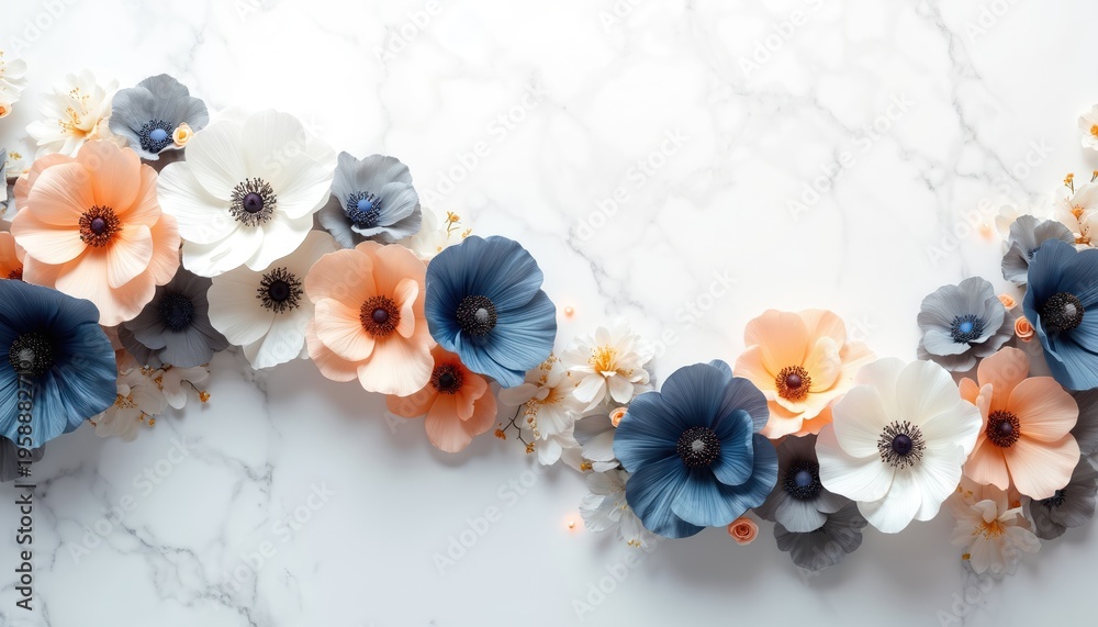 Fototapeta premium Soft floral arrangement with anemone flowers in shades of peach, white, blue, and grey set against a white marble surface. Elegant bloom border design perfect for decor, invites or wallpapers.