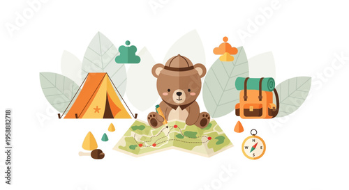 Adorable Bear Explorer With Map And Camping Gear Illustration