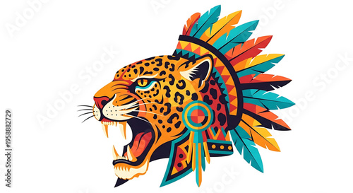 A vibrant illustration of a leopard's head adorned with a colorful Native American headdress, symbolizing strength and cultural fusion.