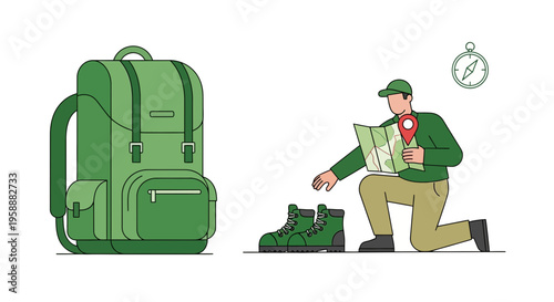 Adventure Awaits The Prepared Traveler With Backpack Boots Map And Compass