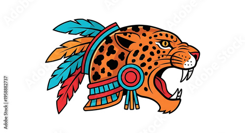 A colorful illustration of a jaguar head with feathers and tribal jewelry, symbolizing strength and cultural heritage.