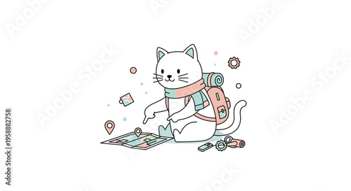 Adorable Cat Planning Its Next Adventure Using A Map And Gear