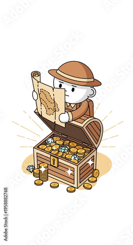 Adorable Character Unfolds Treasure Map Beside Overflowing Chest of Gold Coins and Jewels