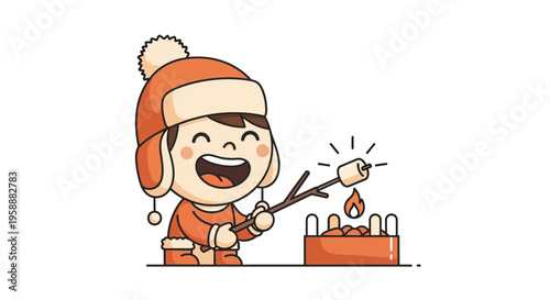 Adorable Child Roasting Marshmallow Over Fire Pit Cute Winter Activity Illustration