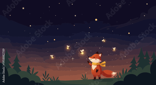Adorable Fox Gazing At Twinkling Fireflies Under A Starry Night Sky