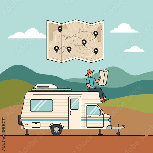 Adventure Awaits With Campervan And Detailed Road Map Exploration