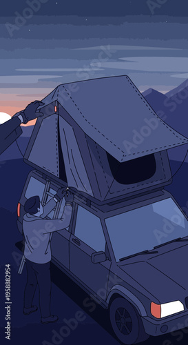 Adventure Camping Setup Expedition At Dusk With Rooftop Tent